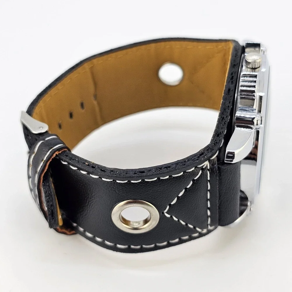 50MM Men's Analog Watch Black Dial Black Faux Wide Leather Bands New Battery